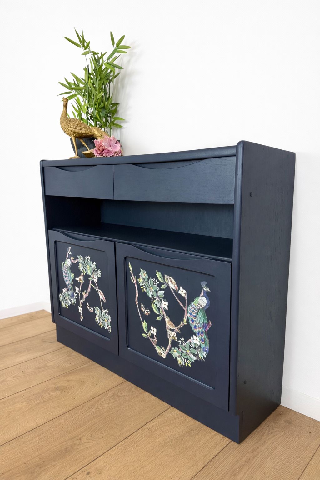 Rare Refinished Slimline Nathan Sideboard In Navy Blue With Floral Bird / Peacock Design, Narrow photo vinterior