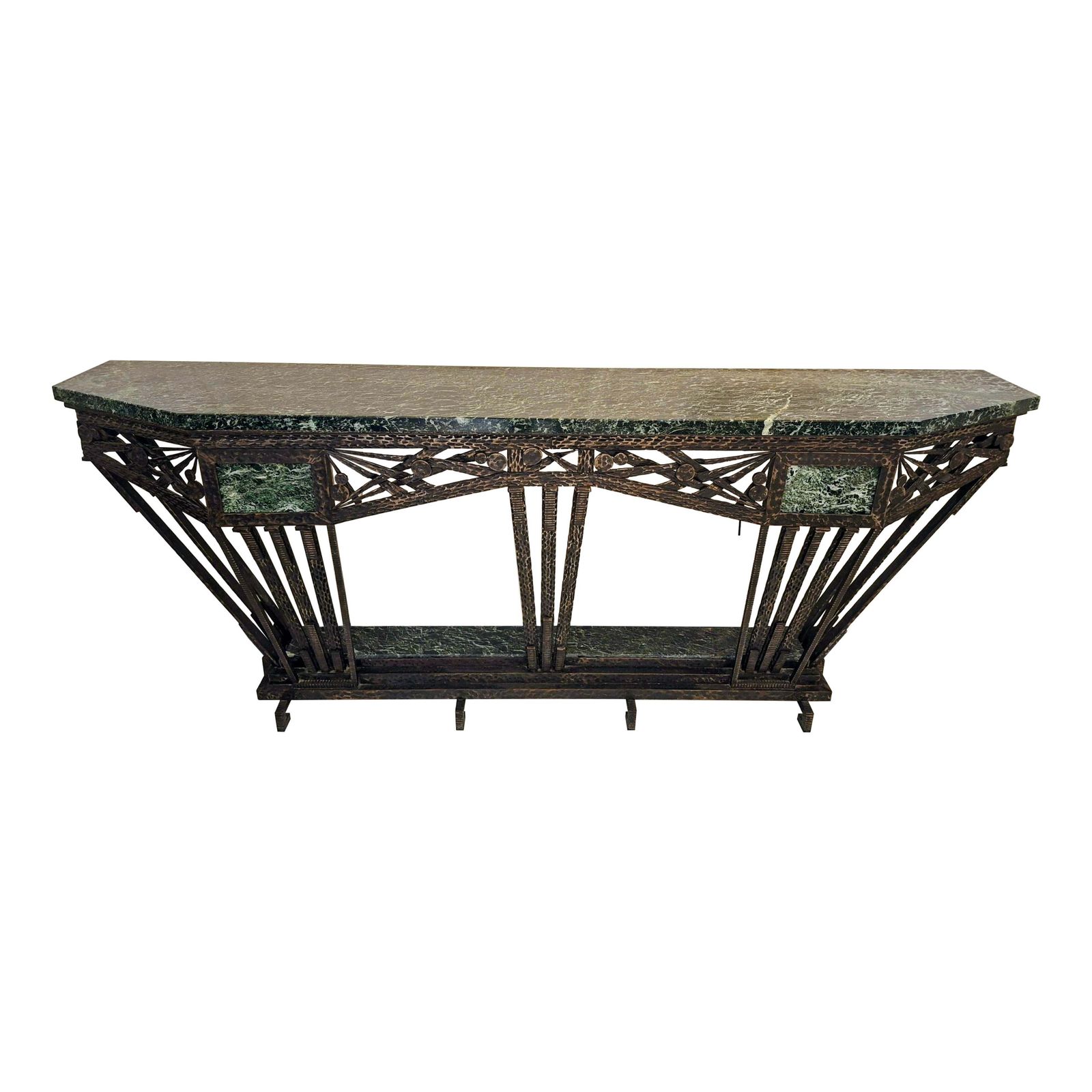 Art Déco Console In Wrought Iron And Green Campan Marble Top