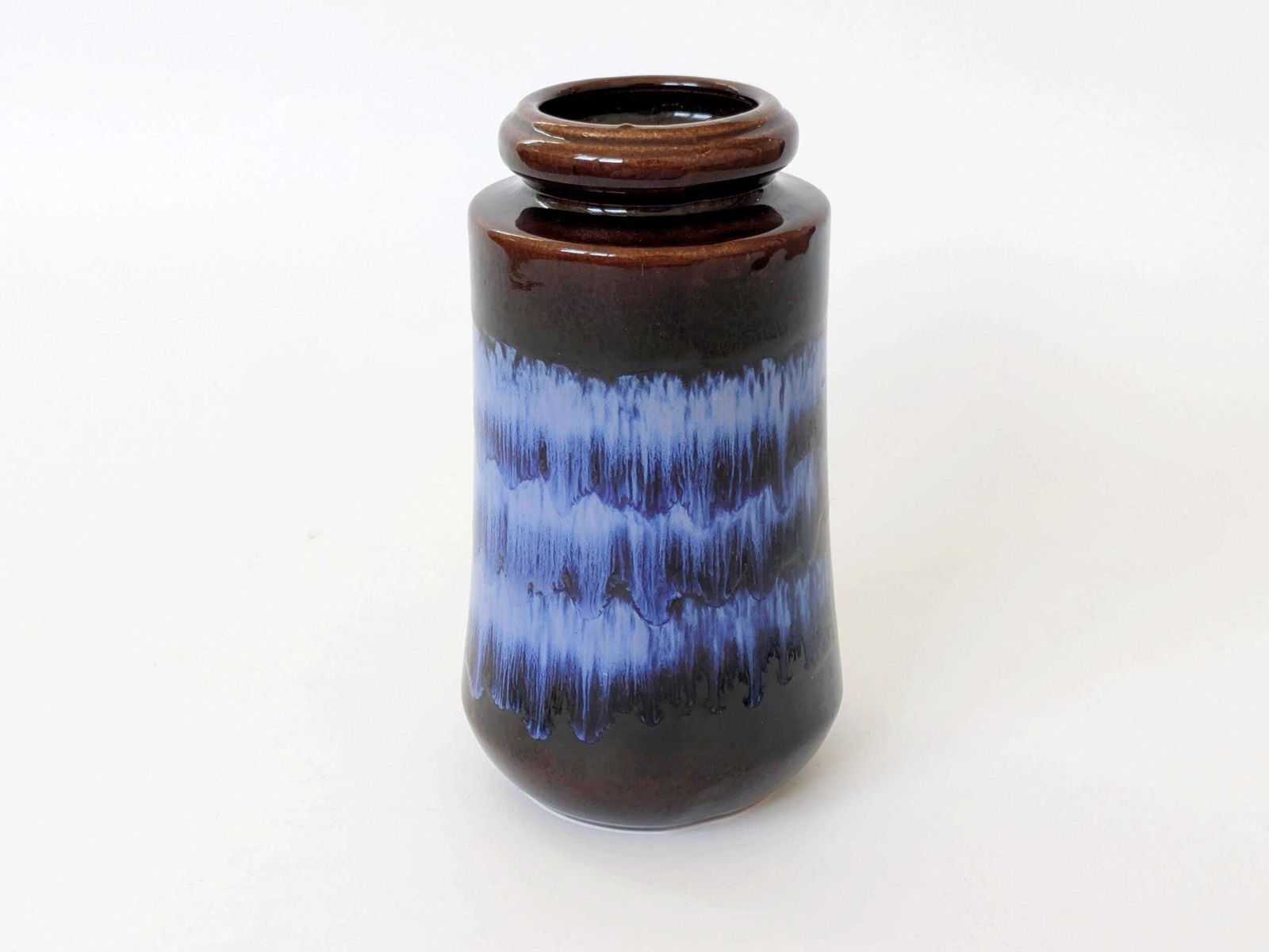 Midcentury Scheurich 249/21, West Germany Tall Ceramic Vase, Chocolate Brown Blue Drip Glaze