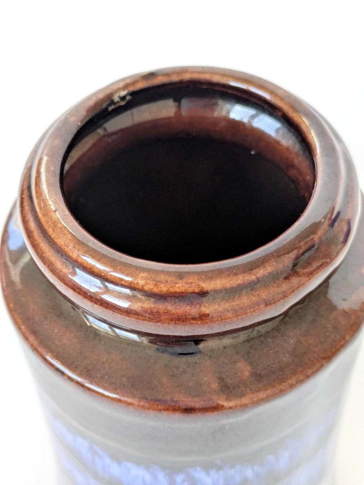 photo furniture Midcentury Scheurich 249/21, West Germany Tall Ceramic Vase, Chocolate Brown Blue Drip Glaze