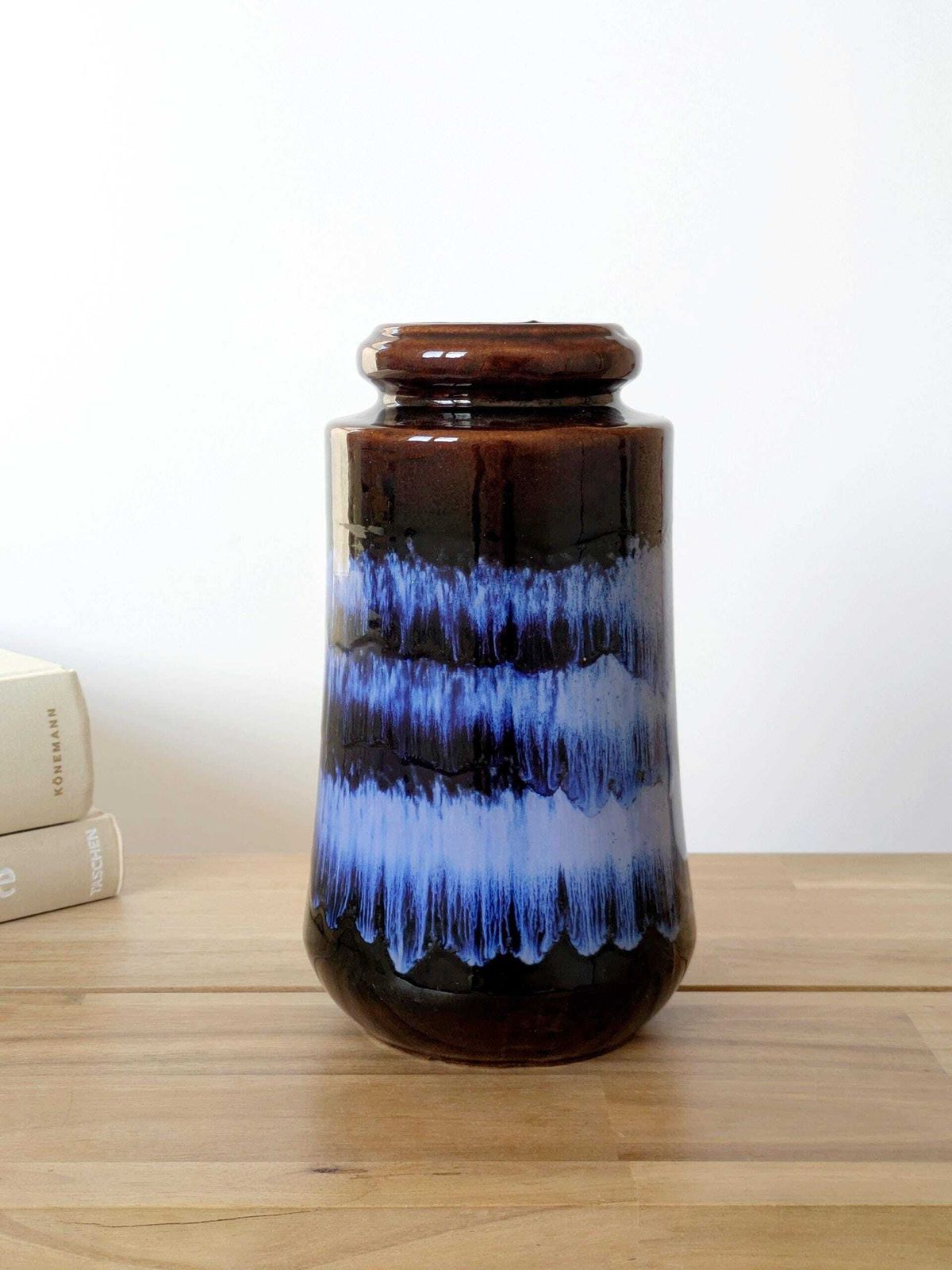 photo buy Midcentury Scheurich 249/21, West Germany Tall Ceramic Vase, Chocolate Brown Blue Drip Glaze