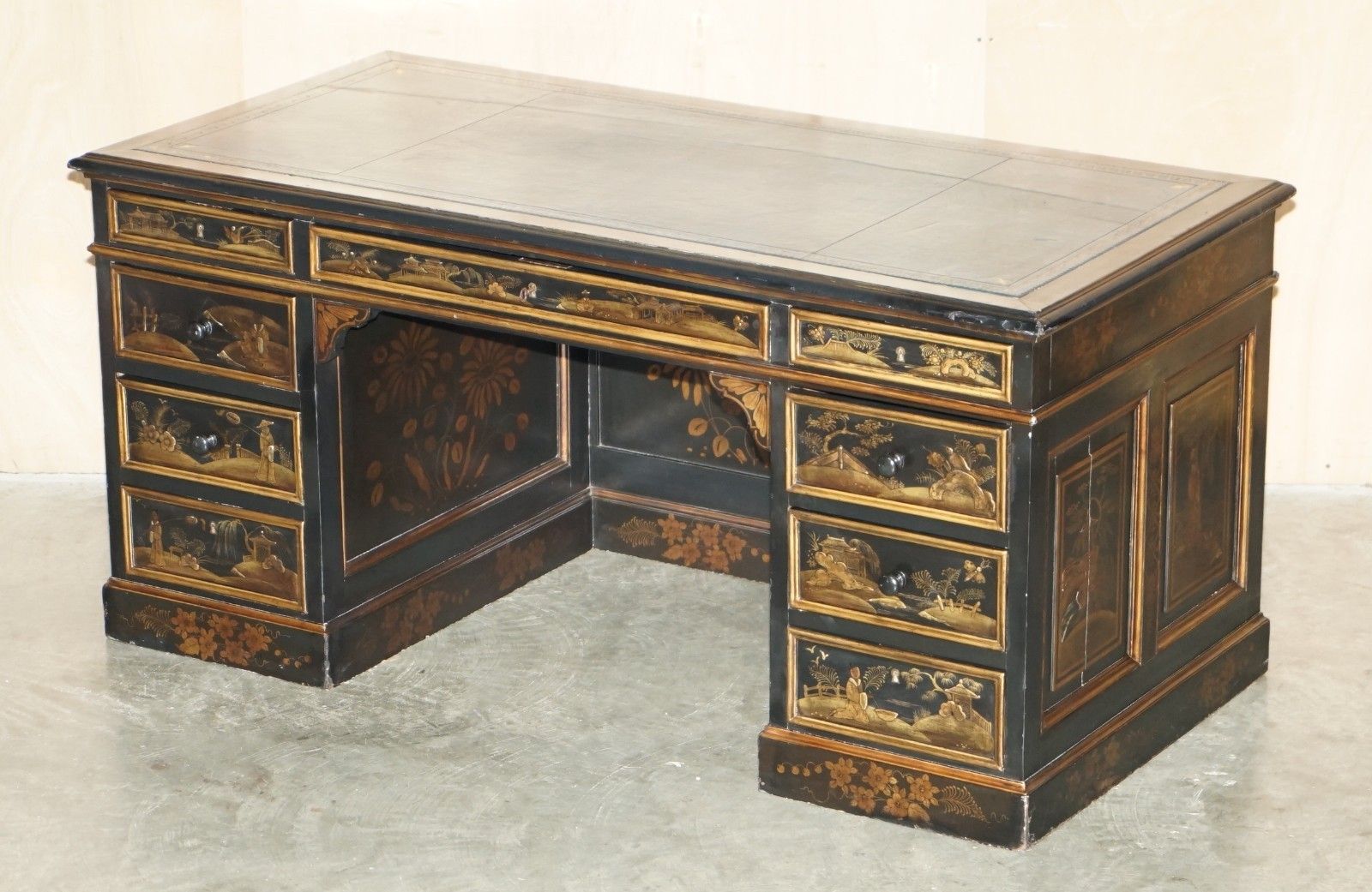 Antique 19th Century Chinese Chinoiserie Kneehole Desk Napoleonic Blue Leather photo furniture