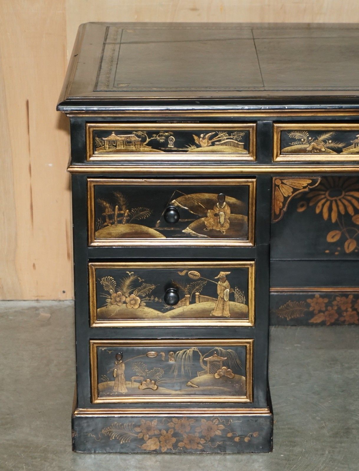 Antique 19th Century Chinese Chinoiserie Kneehole Desk Napoleonic Blue Leather photo Furniture