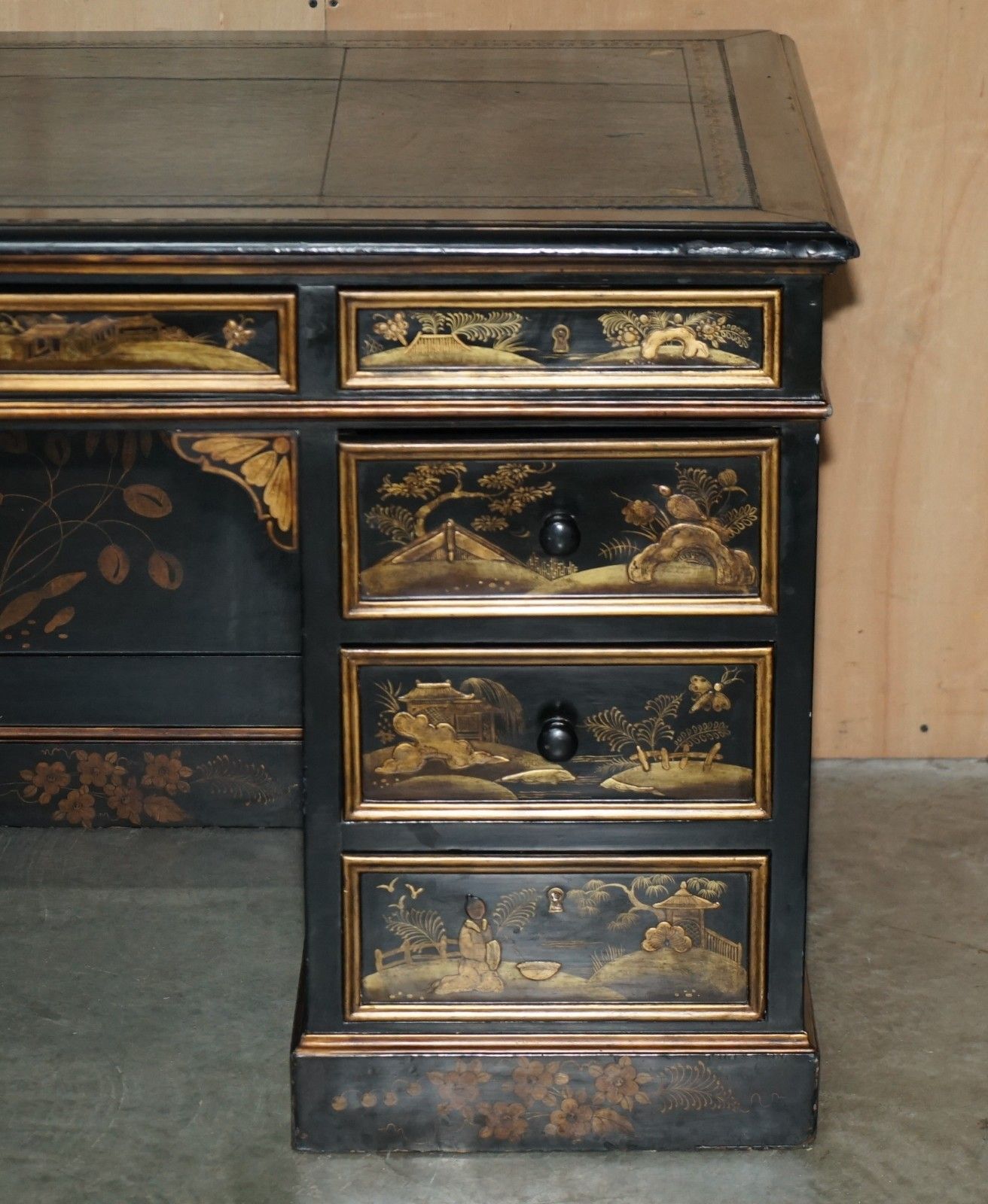 Antique 19th Century Chinese Chinoiserie Kneehole Desk Napoleonic Blue Leather photo vinterior