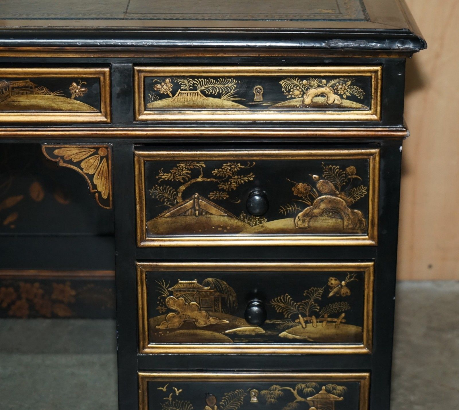 Antique 19th Century Chinese Chinoiserie Kneehole Desk Napoleonic Blue Leather photo buy