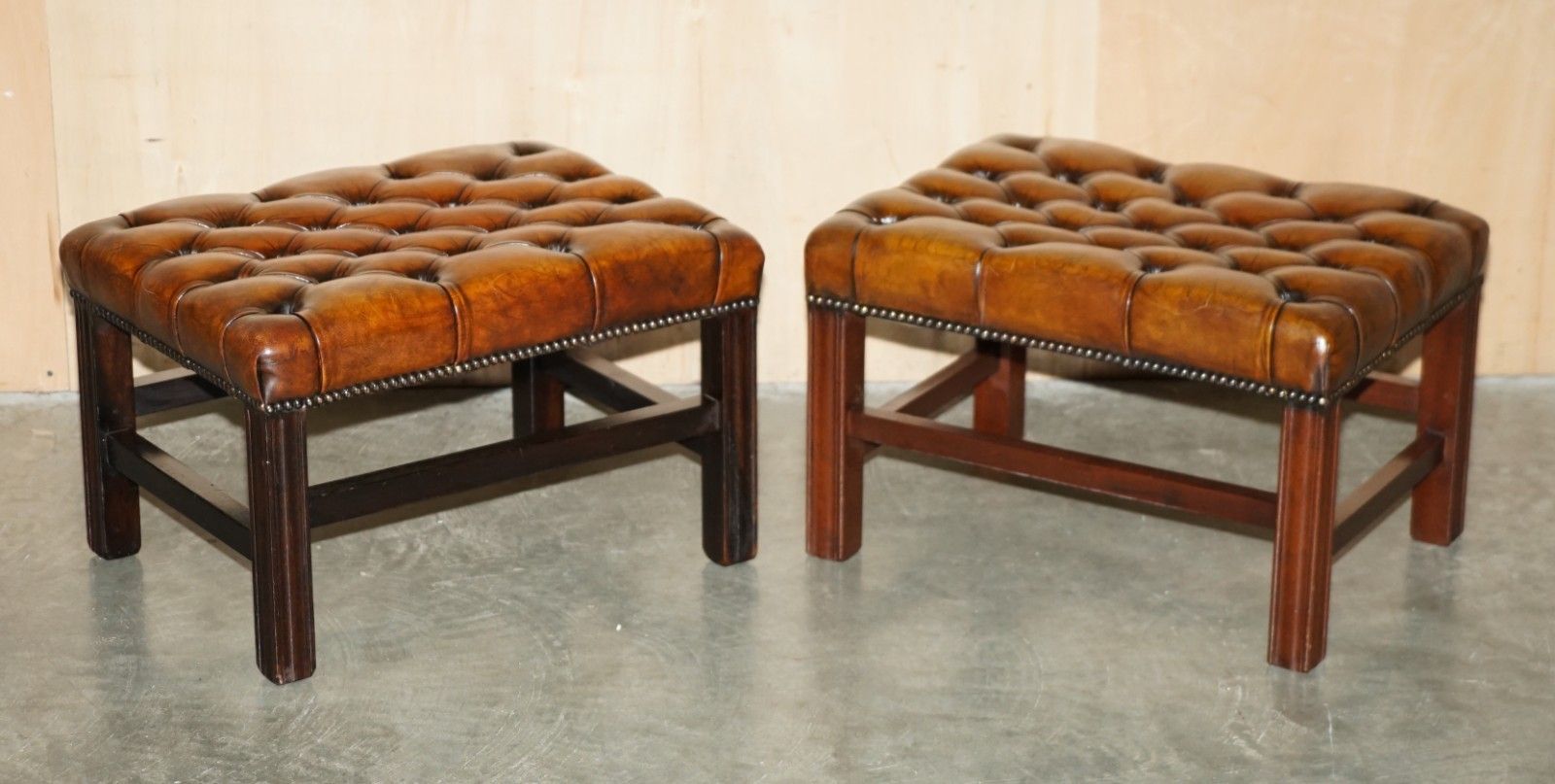 Pair Of Restored Vintage Hand Dyed Brown Leather Chesterfield Tufted Footstools photo furniture