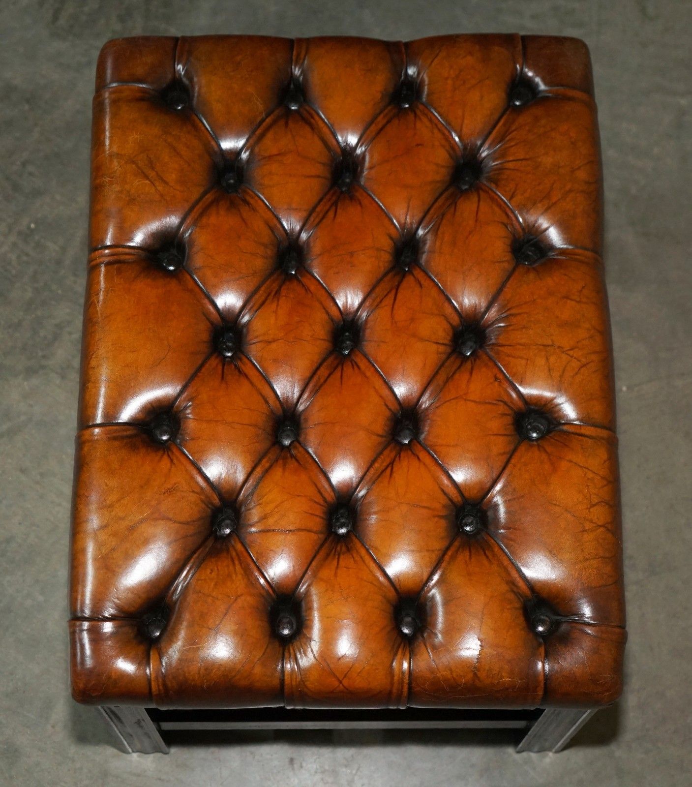 Pair Of Restored Vintage Hand Dyed Brown Leather Chesterfield Tufted Footstools photo buy