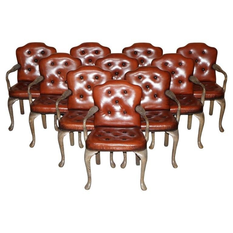 Ten Restored Shepherds Crook Limed Oak Brown Leather Chesterfield Dining Chairs