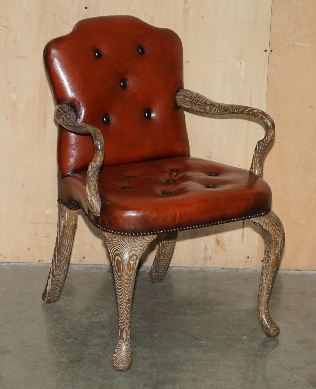 Ten Restored Shepherds Crook Limed Oak Brown Leather Chesterfield Dining Chairs photo for sale