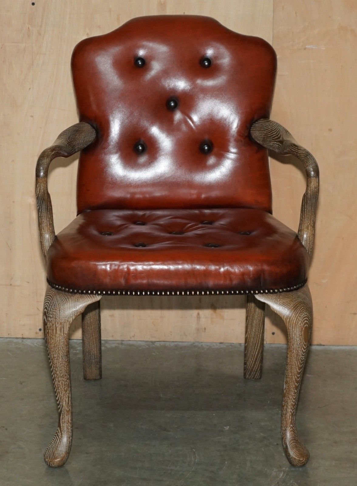 Ten Restored Shepherds Crook Limed Oak Brown Leather Chesterfield Dining Chairs photo Furniture