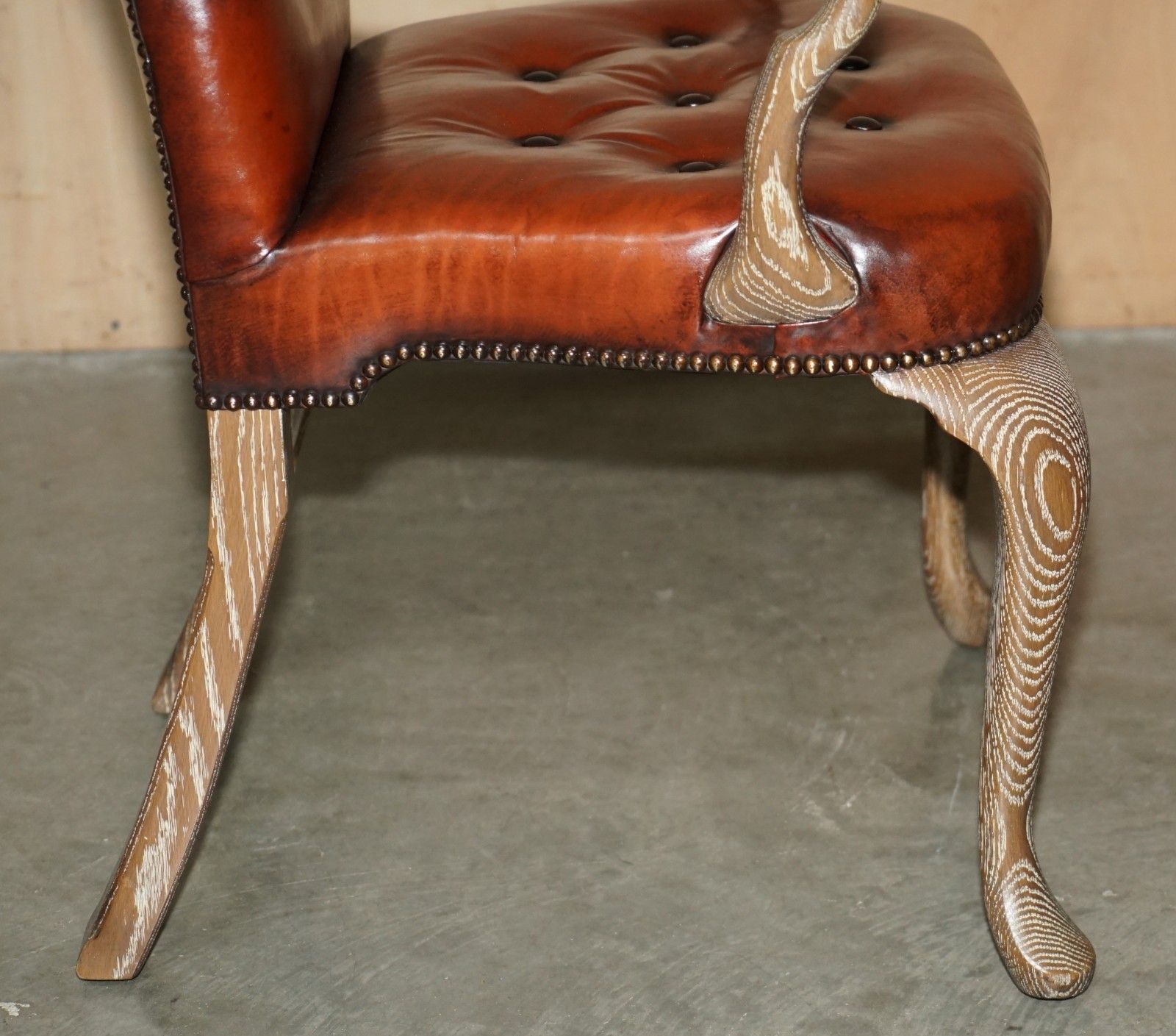 photo buy Ten Restored Shepherds Crook Limed Oak Brown Leather Chesterfield Dining Chairs
