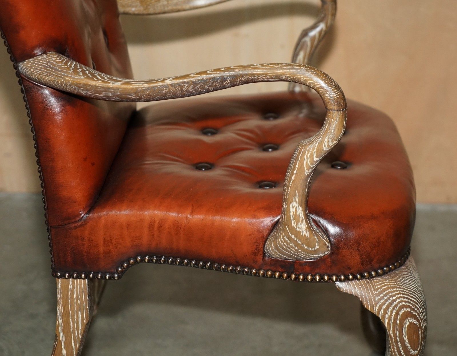 photo vintage Ten Restored Shepherds Crook Limed Oak Brown Leather Chesterfield Dining Chairs