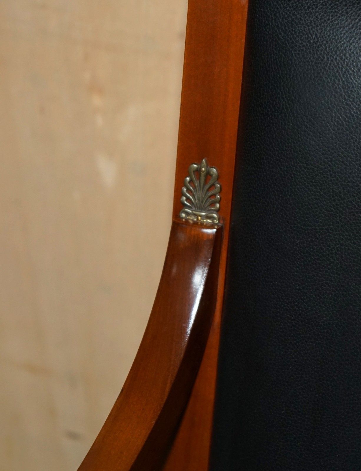 Harrods London Purchased Black Leather Cherry Wood Grange Paris Captain Chairs photo vinterior