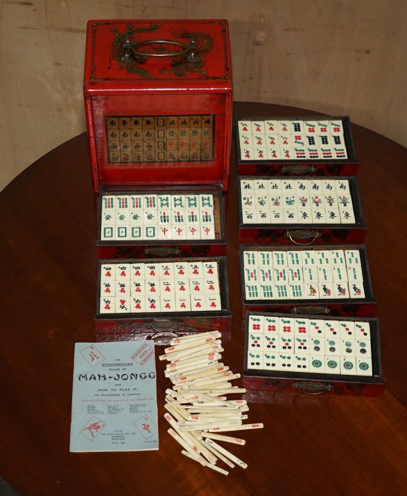 Antique Mahjong Suite Circa 1940's Chinese Chinoiserie Dragon Design Must See photo furniture