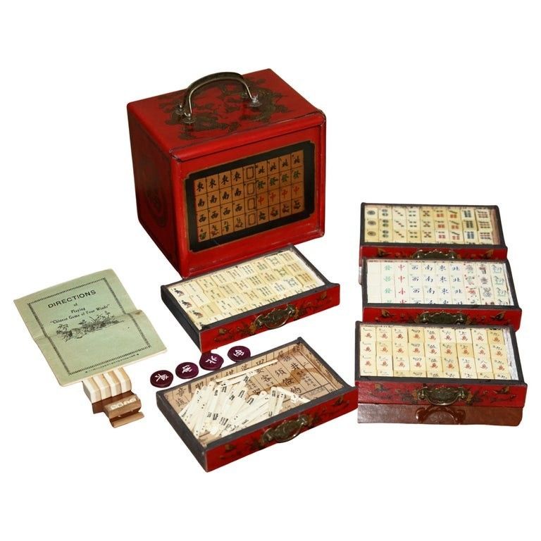 Antique Mahjong Suite Circa 1940's Chinese Chinoiserie Dragon Design Plus Dice