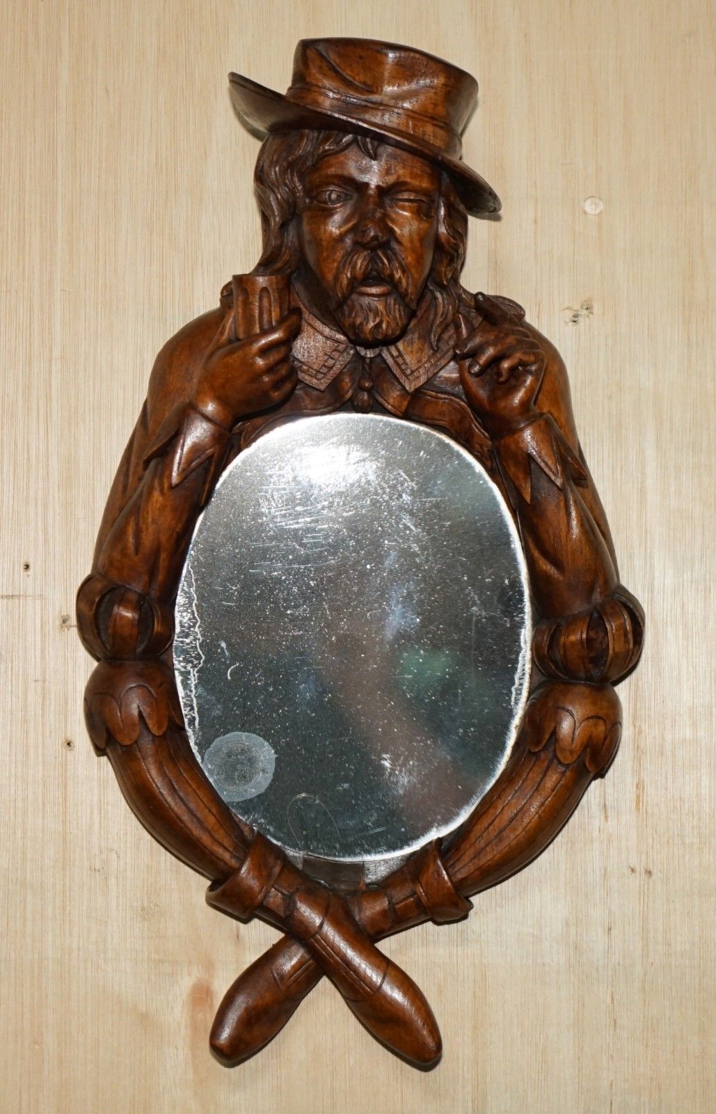 Fine Antique Original Black Forest Folk Art Wall Mirror Of Chap With Bee On Nose photo furniture