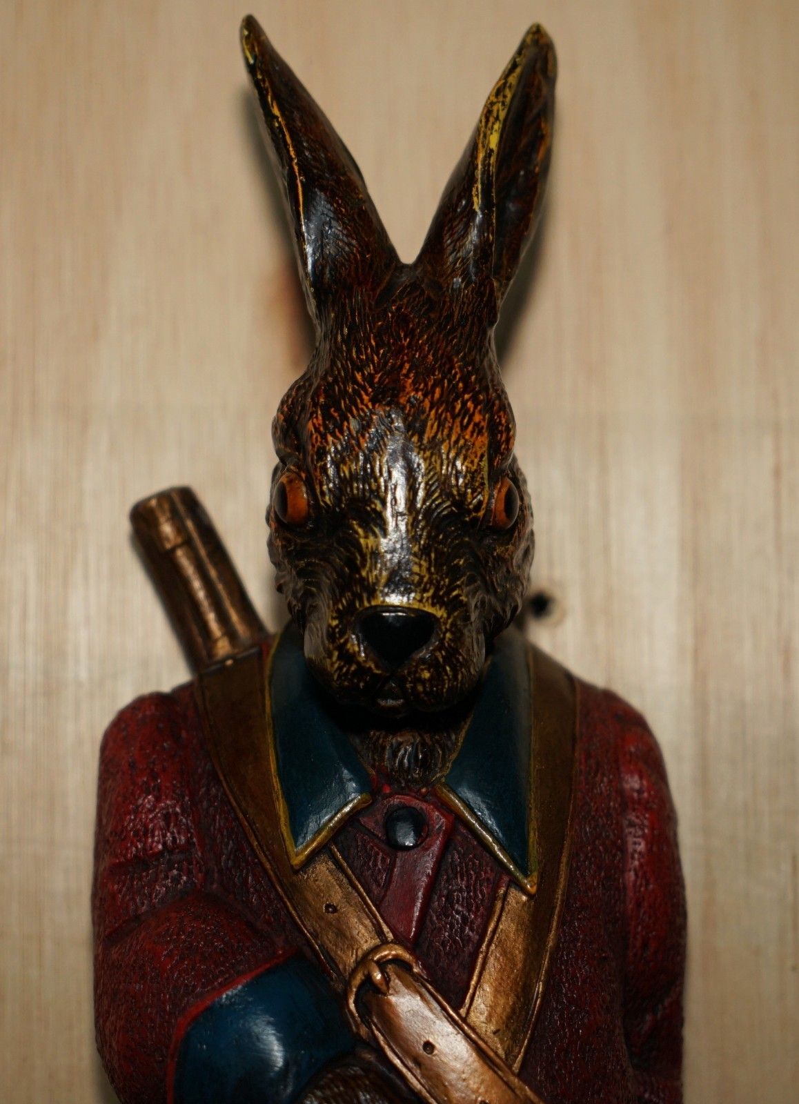 Stunning Vintage Painted Black Forest Hand Carved Rabbit Whip Hook Glass Eyes photo buy