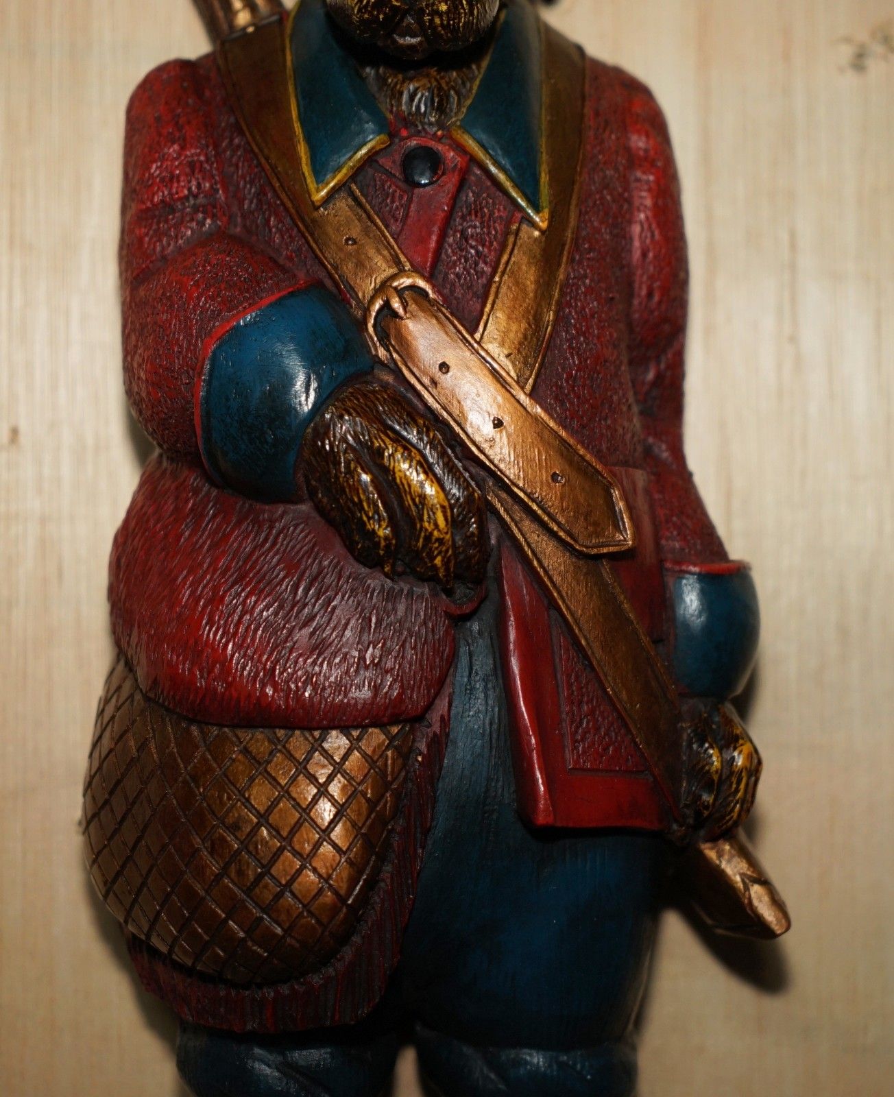 Stunning Vintage Painted Black Forest Hand Carved Rabbit Whip Hook Glass Eyes photo vintage