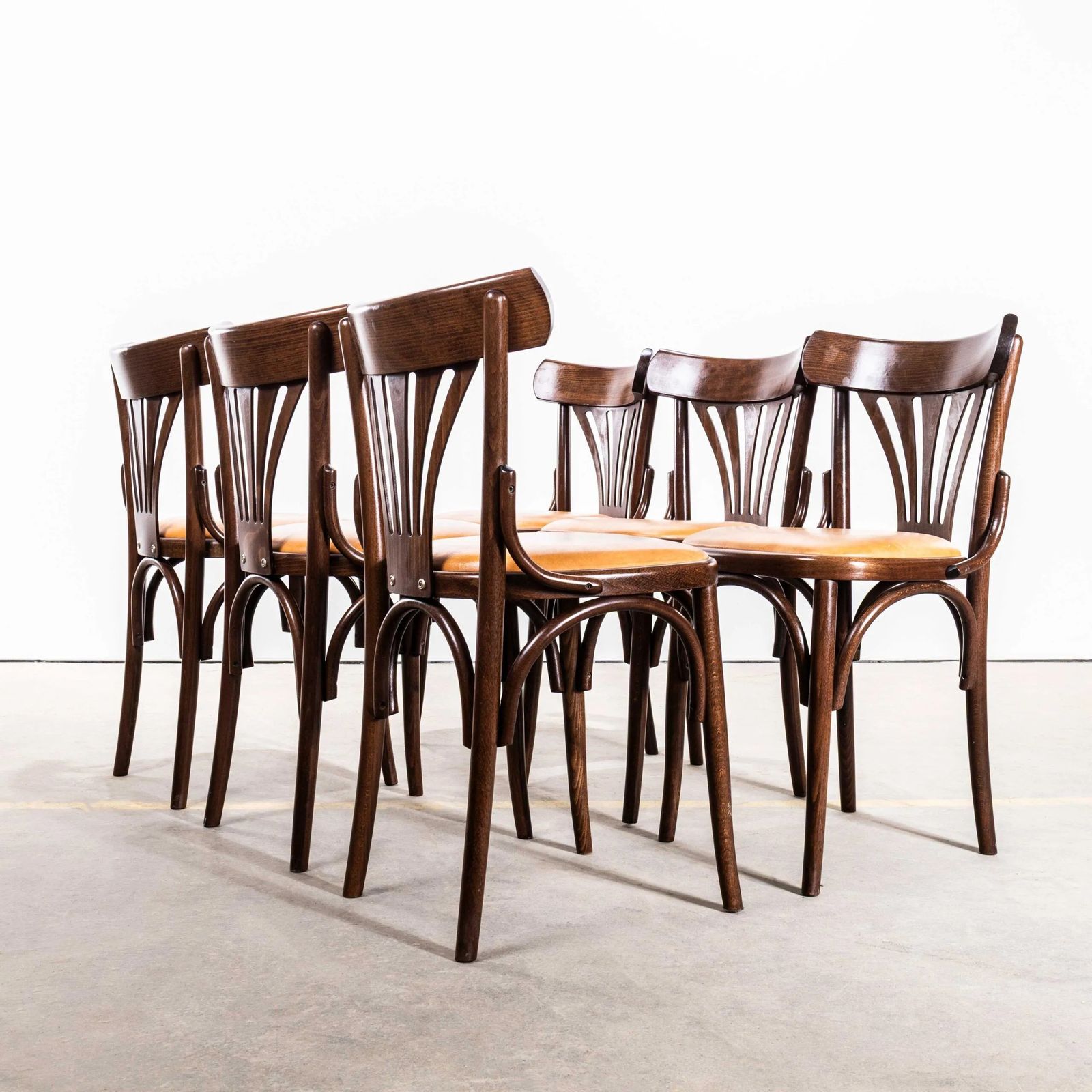 1960’s Upholstered Fan Back Bentwood Dining Chairs photo for sale