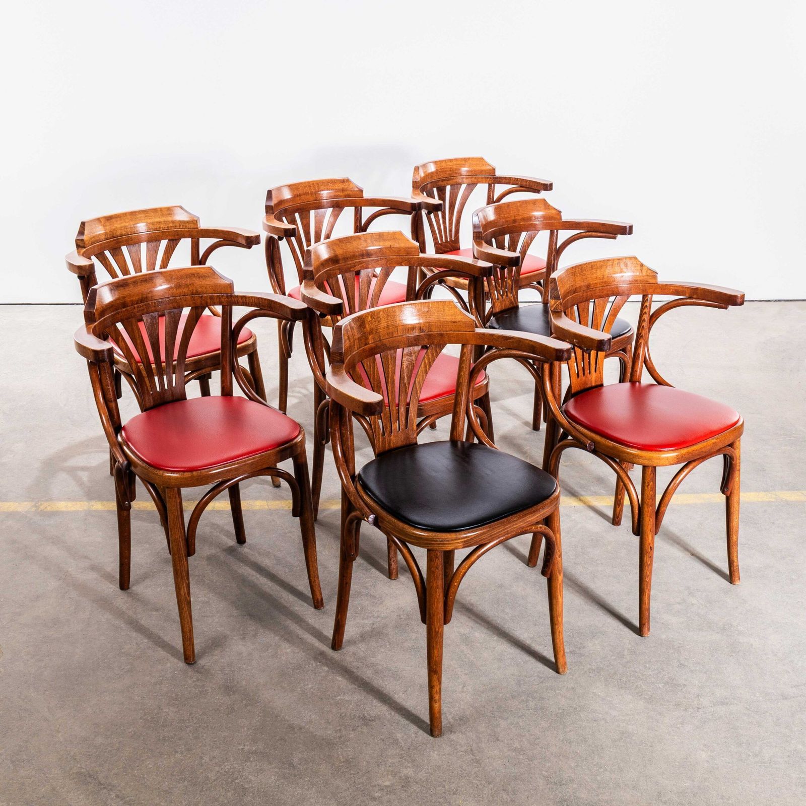 1970’s Red Upholstered Fanback Arm Dining Chairs – Set Of Eight