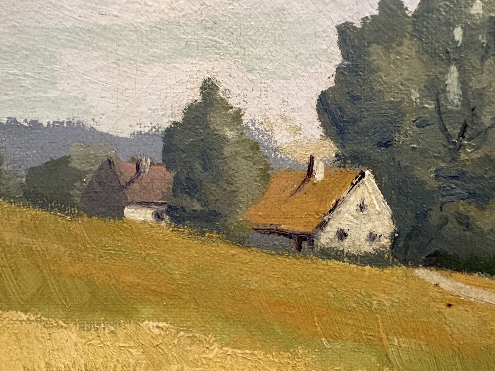 Large Oil On Canvas Of A Farm Landscape In Ebonised Frame 1950s photo Art