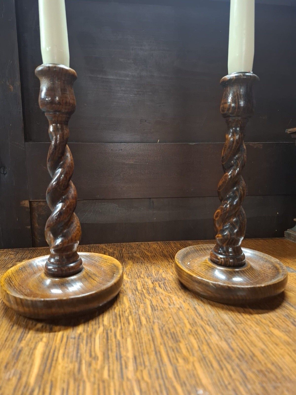 Pair Of Victorian Oak Barley Twist Candle Sticks photo for sale