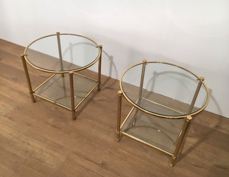 Pair Of Round Brass 2 Tiers Side Tables. Circa 1970