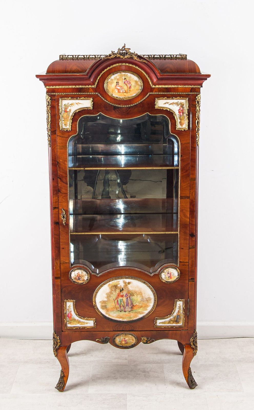 French Louis XVI Revival Walnut Vitrine With Porcelain Plaques, C.1910 photo Furniture