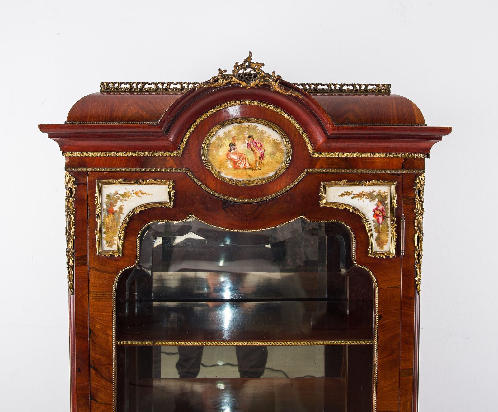 French Louis XVI Revival Walnut Vitrine With Porcelain Plaques, C.1910 photo 1650.0