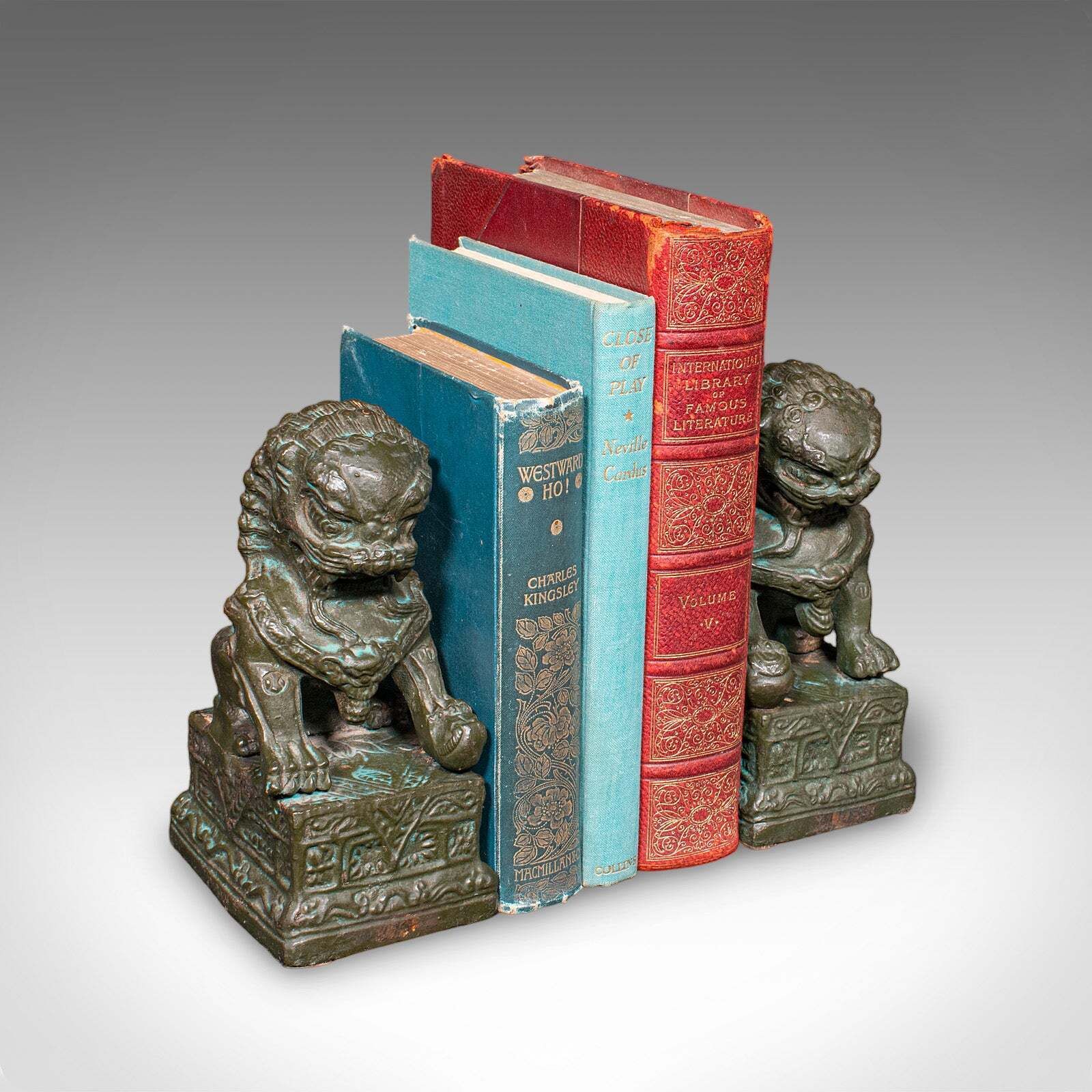 Pair Of Vintage Dog Of Fo Bookends, Oriental, Bronze, Book Rest, Art Deco, 1930 photo furniture