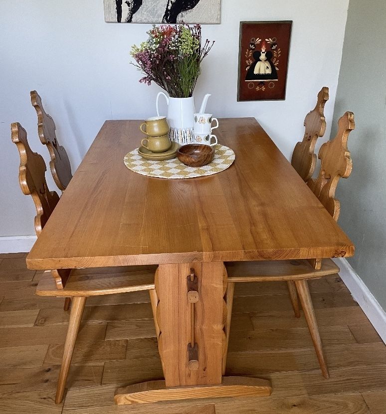 Solid Wood Dining Table & 4 Carved Chairs Set – Retro Mid Century Alpine Style – Farmhouse Cottage Kitchen Furniture photo for sale