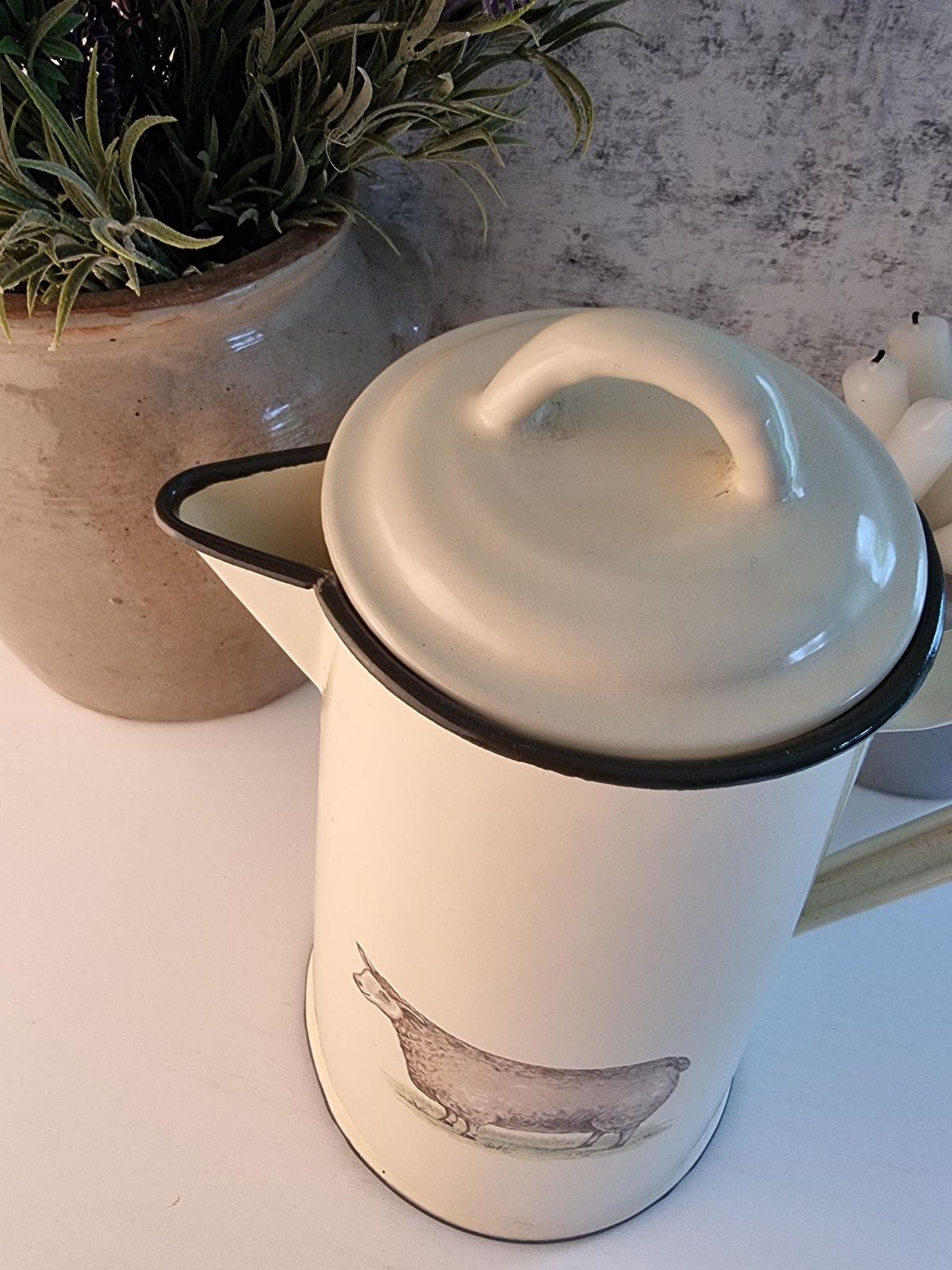 Vintage French Enamel Coffee Pot – Cream Kitchen Decor, Sheep Design photo Home Decor