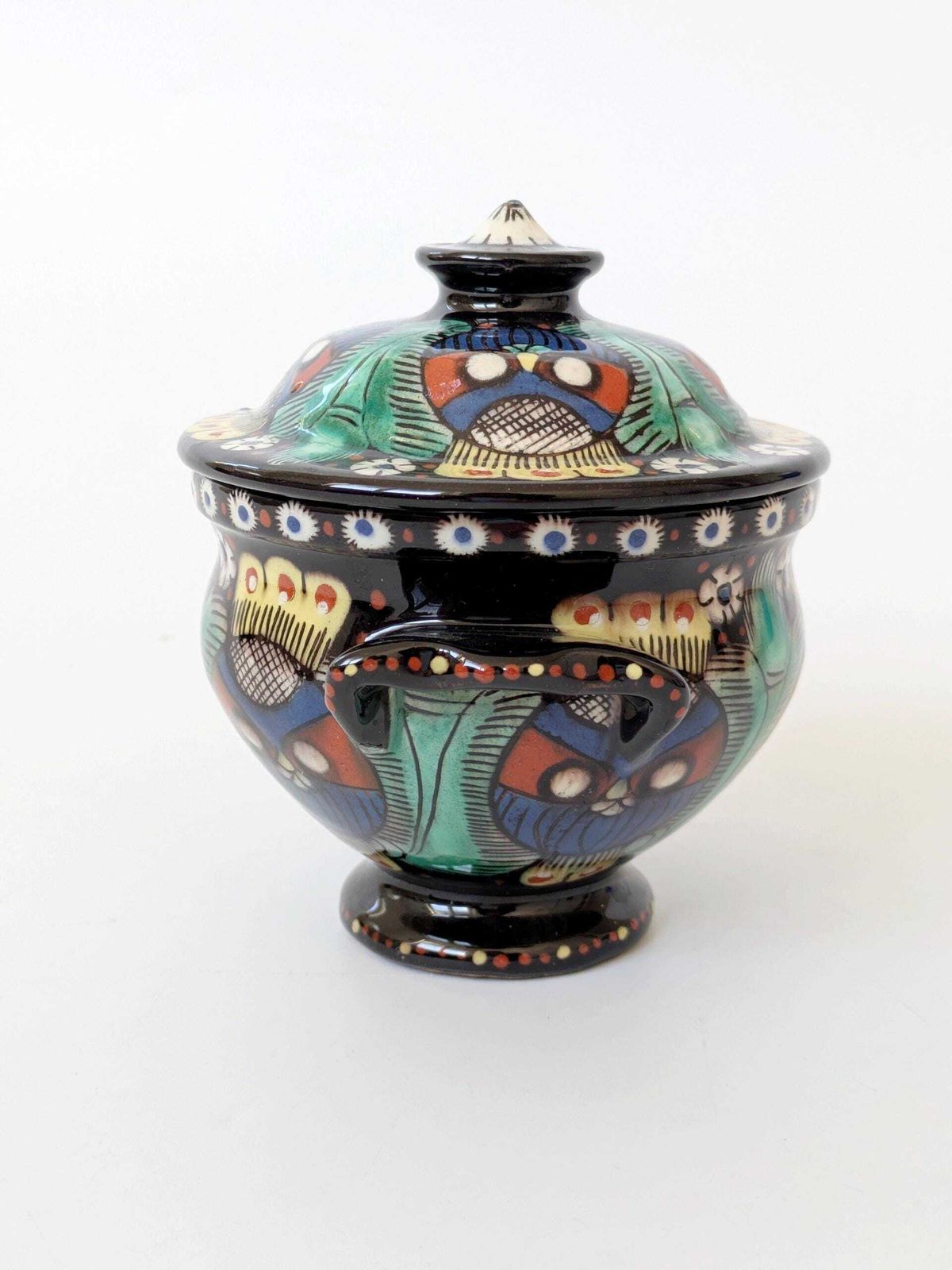 Early 20th Century Arts & Crafts Majolica Pedestal Lidded Box, Thoune Switzerland, Satisfactory photo buy