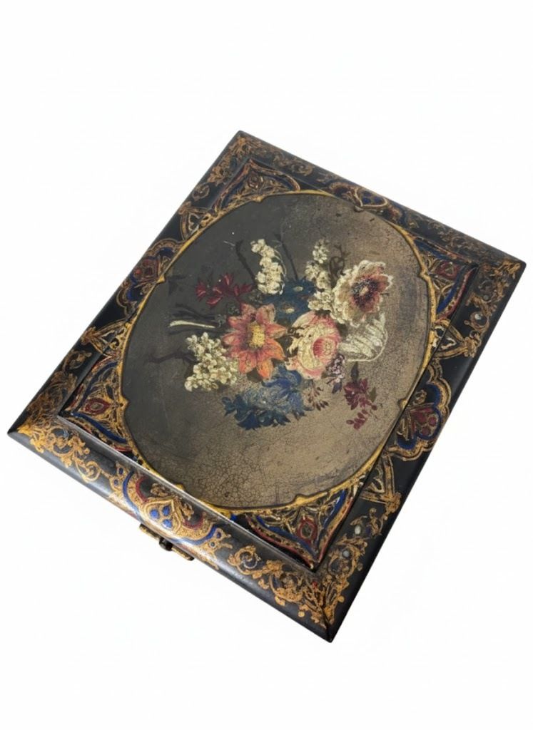 Ebonized 19th Century Sewing Box, With Original Accessories, And  Hand Painted With Bouquets Of Flowers. photo buy