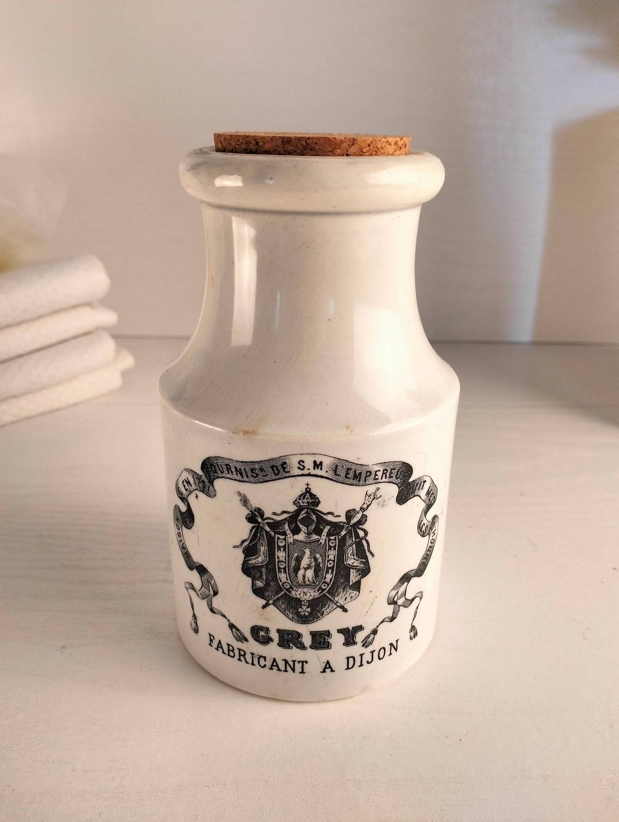 French Antique Dijon Mustard Jar, Vintage Grey Advertising Pot