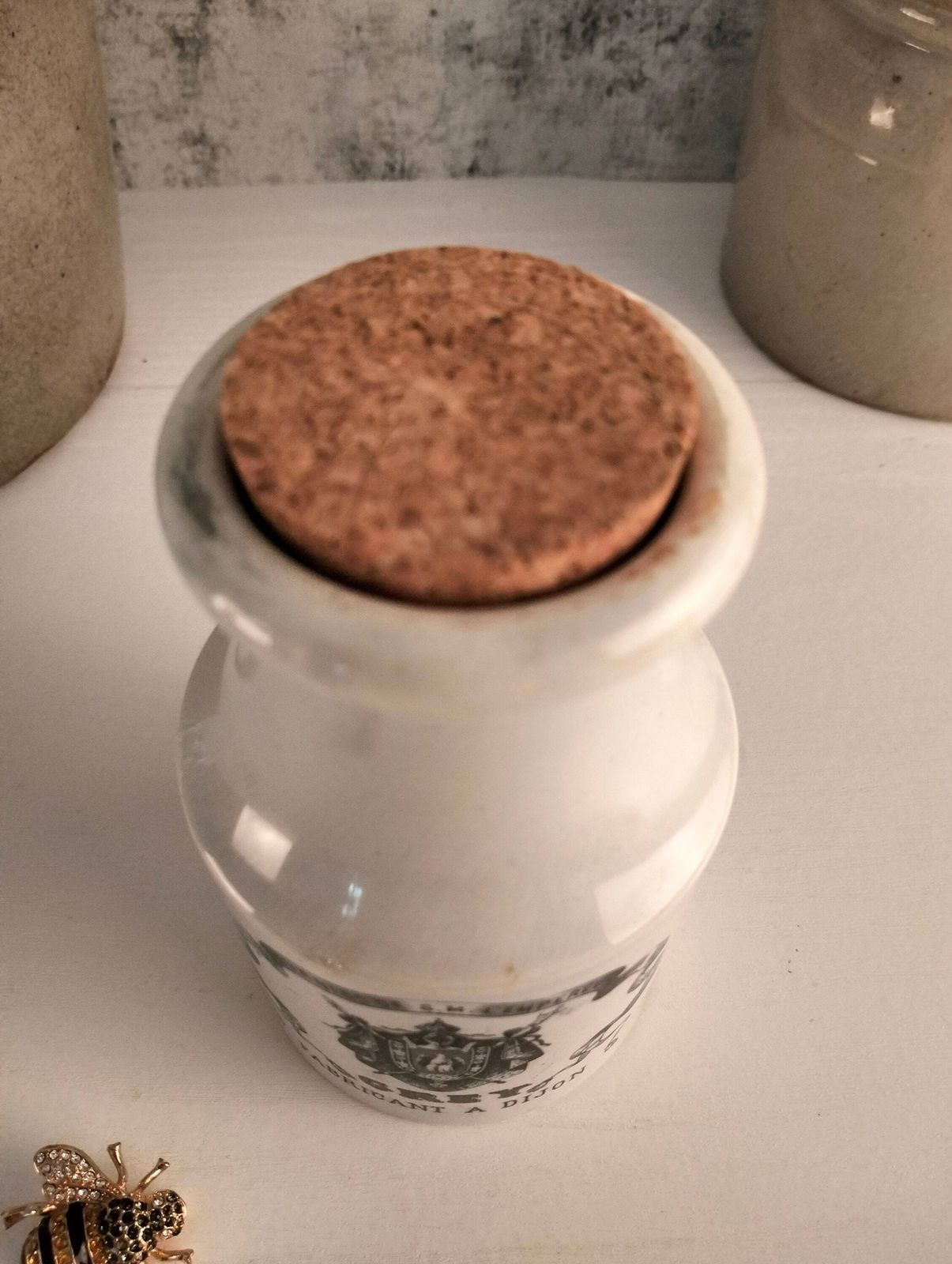 French Antique Dijon Mustard Jar, Vintage Grey Advertising Pot photo for sale
