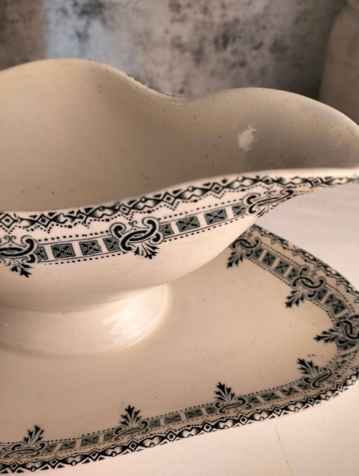 Antique Ironstone Gravy Boat, French Blue Transferware, Pedestal Sauce Jug photo 57.67
