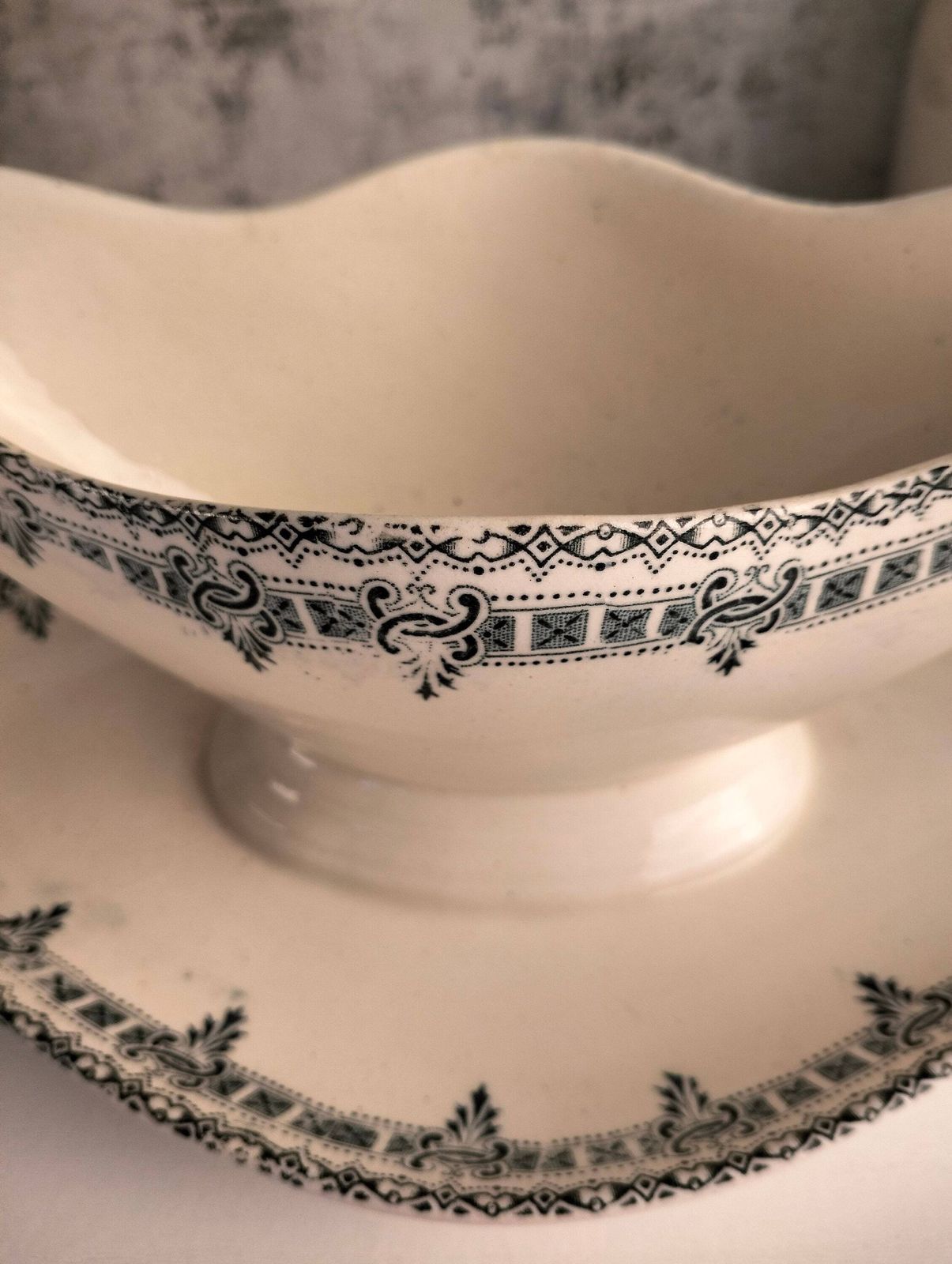 photo furniture Antique Ironstone Gravy Boat, French Blue Transferware, Pedestal Sauce Jug