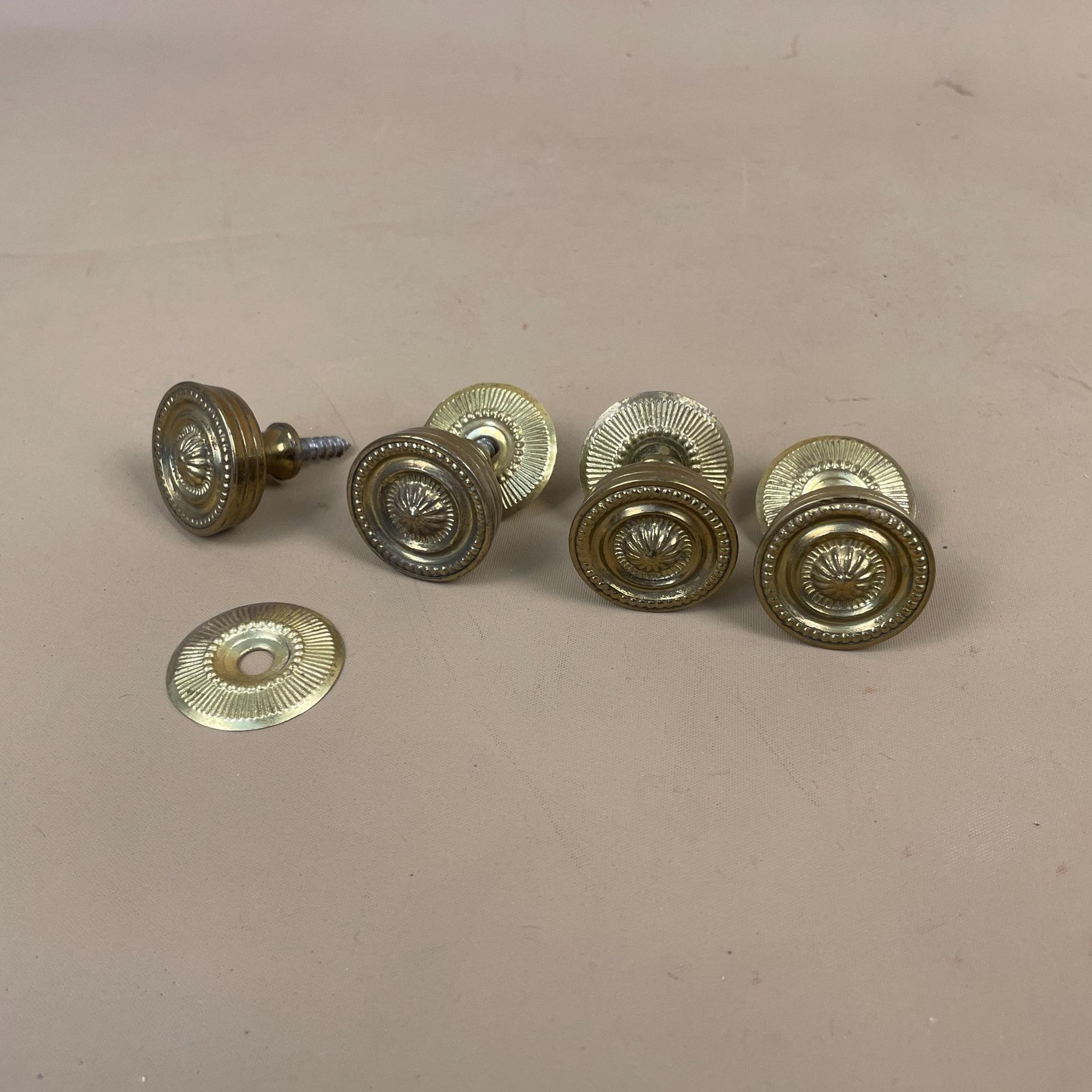 Antique Style Brass Drawer Knobs Set Of 4 With Round Backplates Vintage Cabinet Furniture Hardware Cupboard Handles Regency Screw In photo for sale