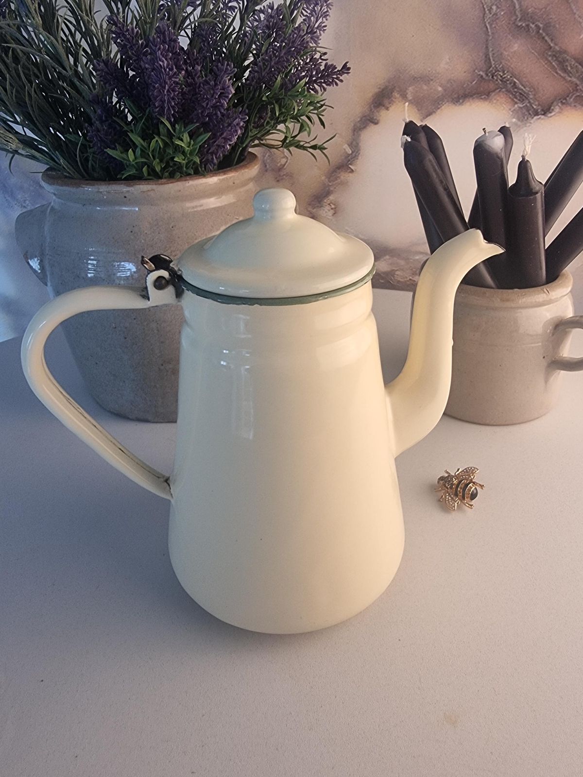 Vintage Cream Enamel Cafetiere, French Country Kitchen Decor photo vintage