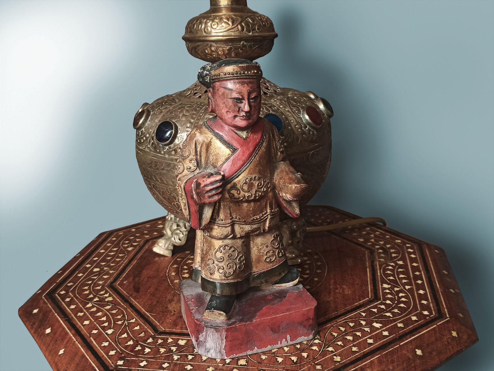 Pair Of Polychrome Gilt Gesso Painted Carved Statues Temple Deity photo buy