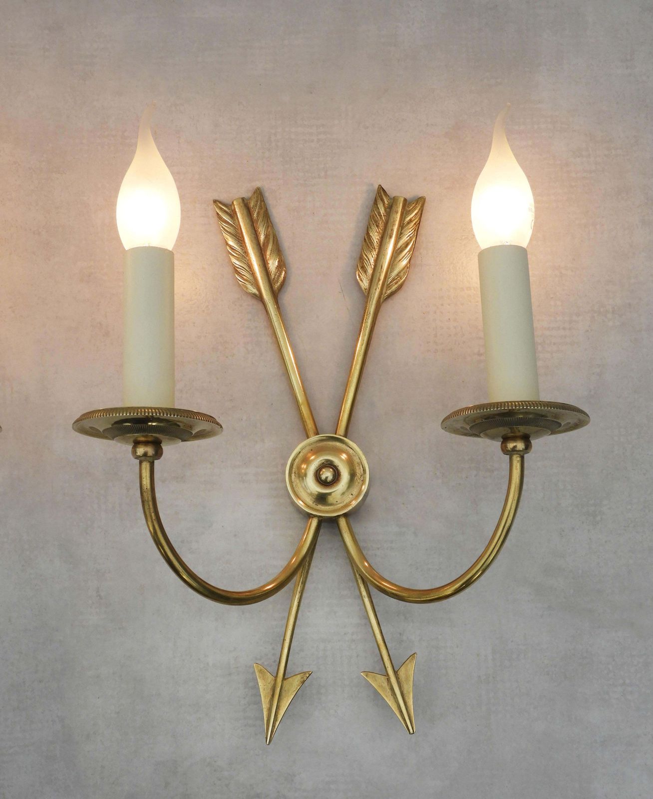 Pair Of Neoclassical Crossed Arrow Wall Light Sconces Mid Century France C1960 photo vinterior