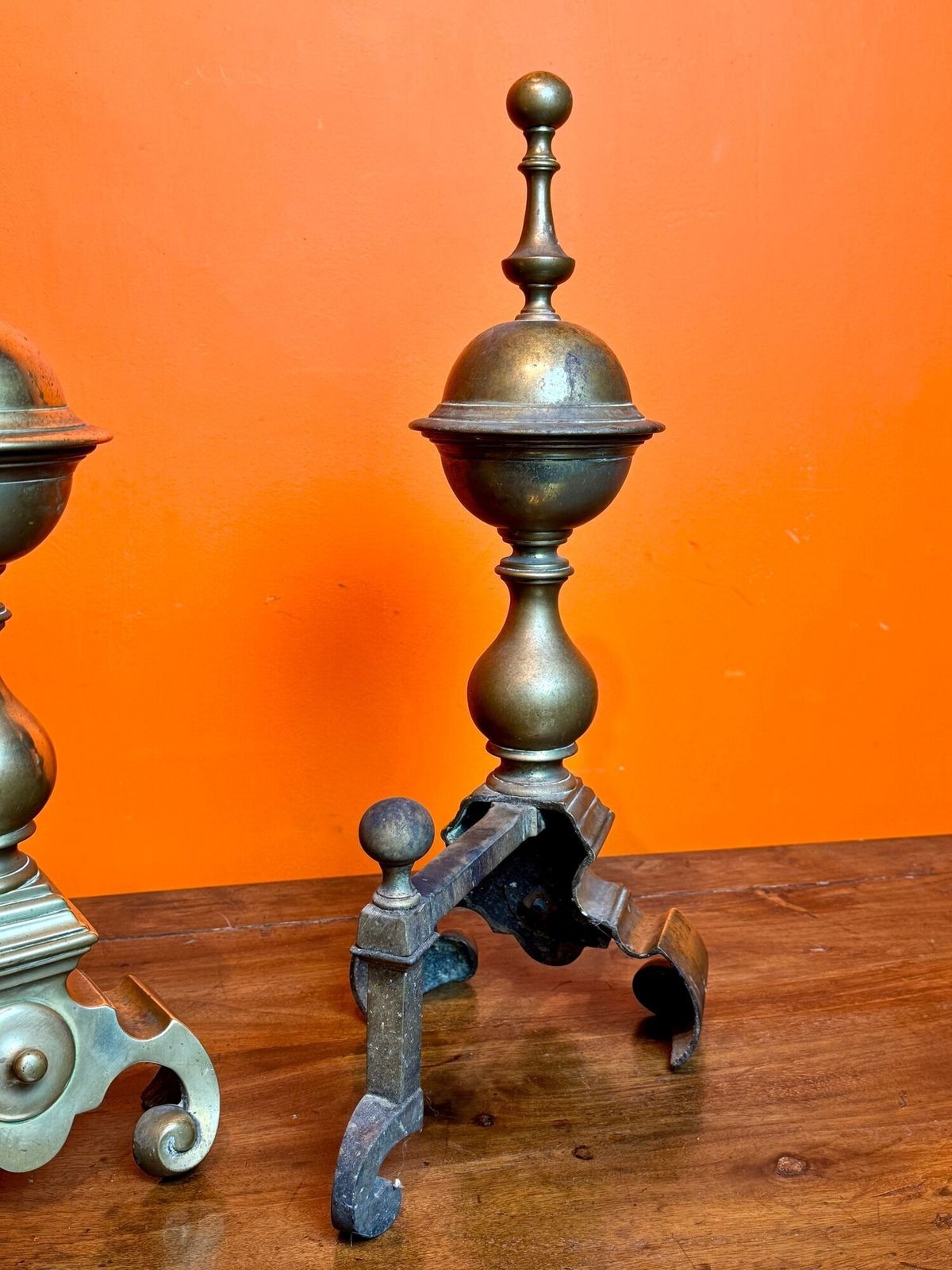 Pair Of 19th Century Brass Andirons In 17th Century Style photo vinterior