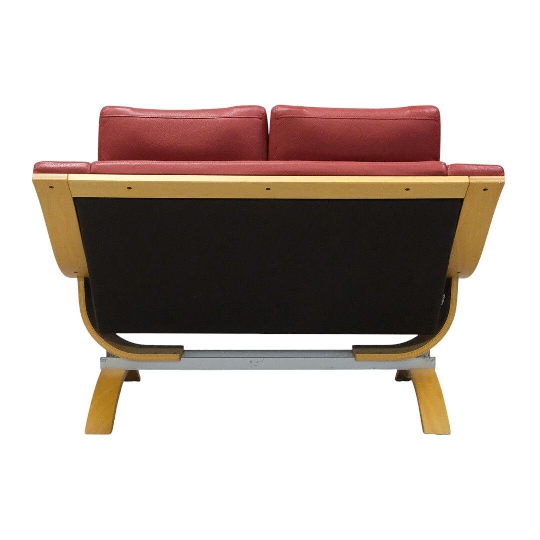 Roche Bobois Red Leather Two Seater Sofa On Bentwood Beech Base, France photo Furniture
