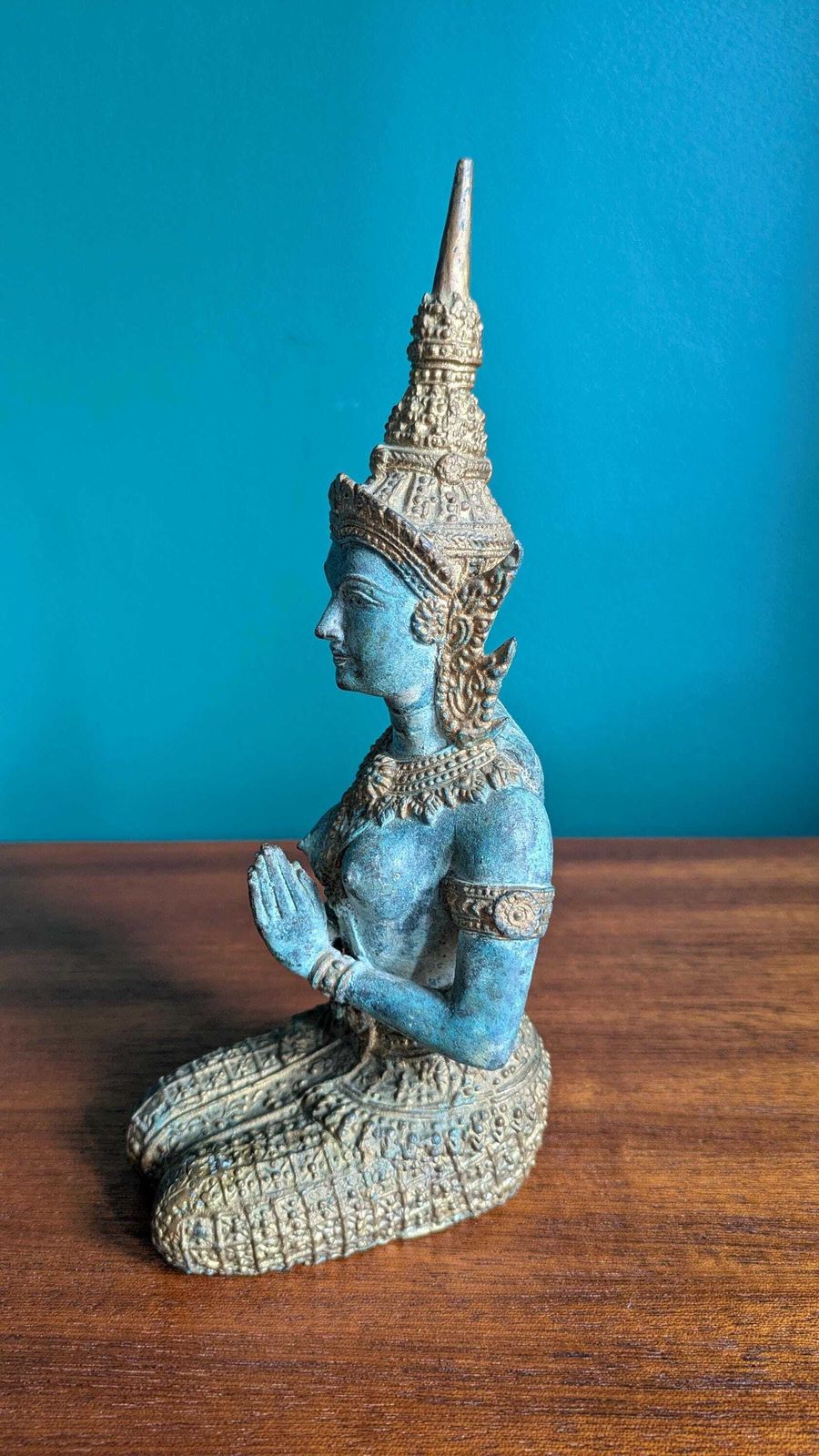 Vintage Gilded Bronze Kneeling Deity Statue | Thai Temple Guardian Figure | Turquoise Patina Decor Possibly Thepanom photo furniture