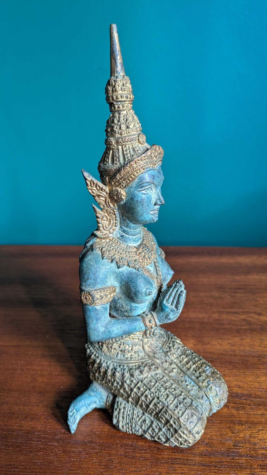 Vintage Gilded Bronze Kneeling Deity Statue | Thai Temple Guardian Figure | Turquoise Patina Decor Possibly Thepanom photo for sale