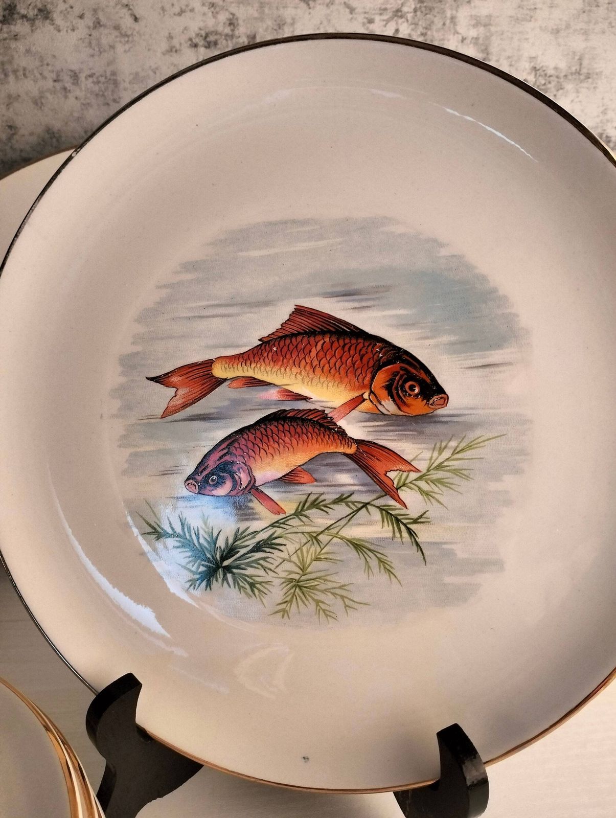 Vintage Gien French Fish Plates (Set Of 6)   Loire Valley Porcelain Dinnerware photo 125.06