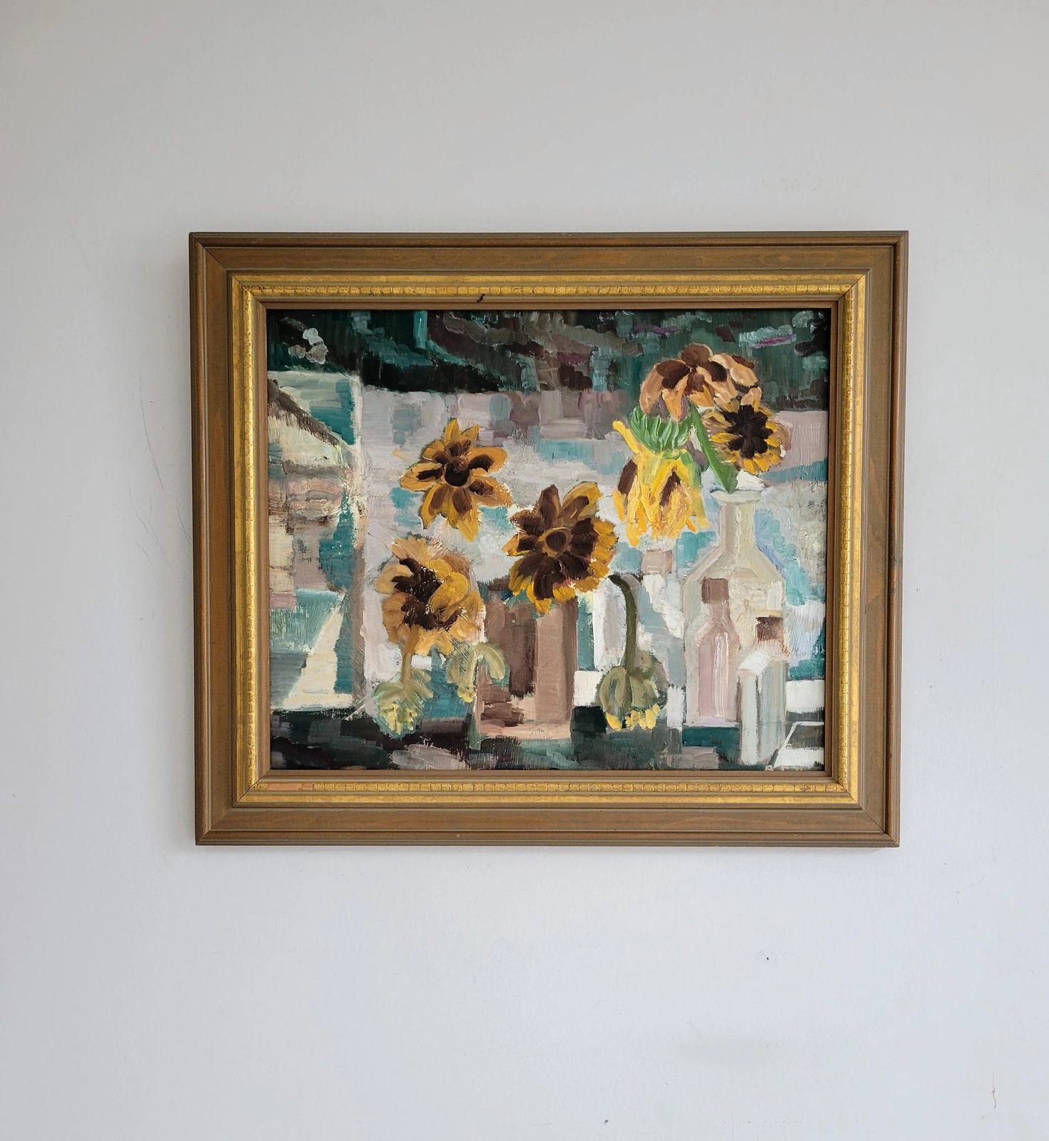 Original Framed Vintage Mid Century Swedish Expressionist Landscape Sunflowers And Glass Bottles photo furniture