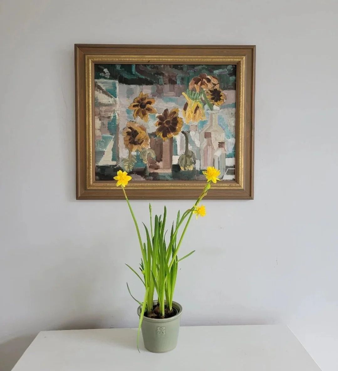 Original Framed Vintage Mid Century Swedish Expressionist Landscape Sunflowers And Glass Bottles photo for sale