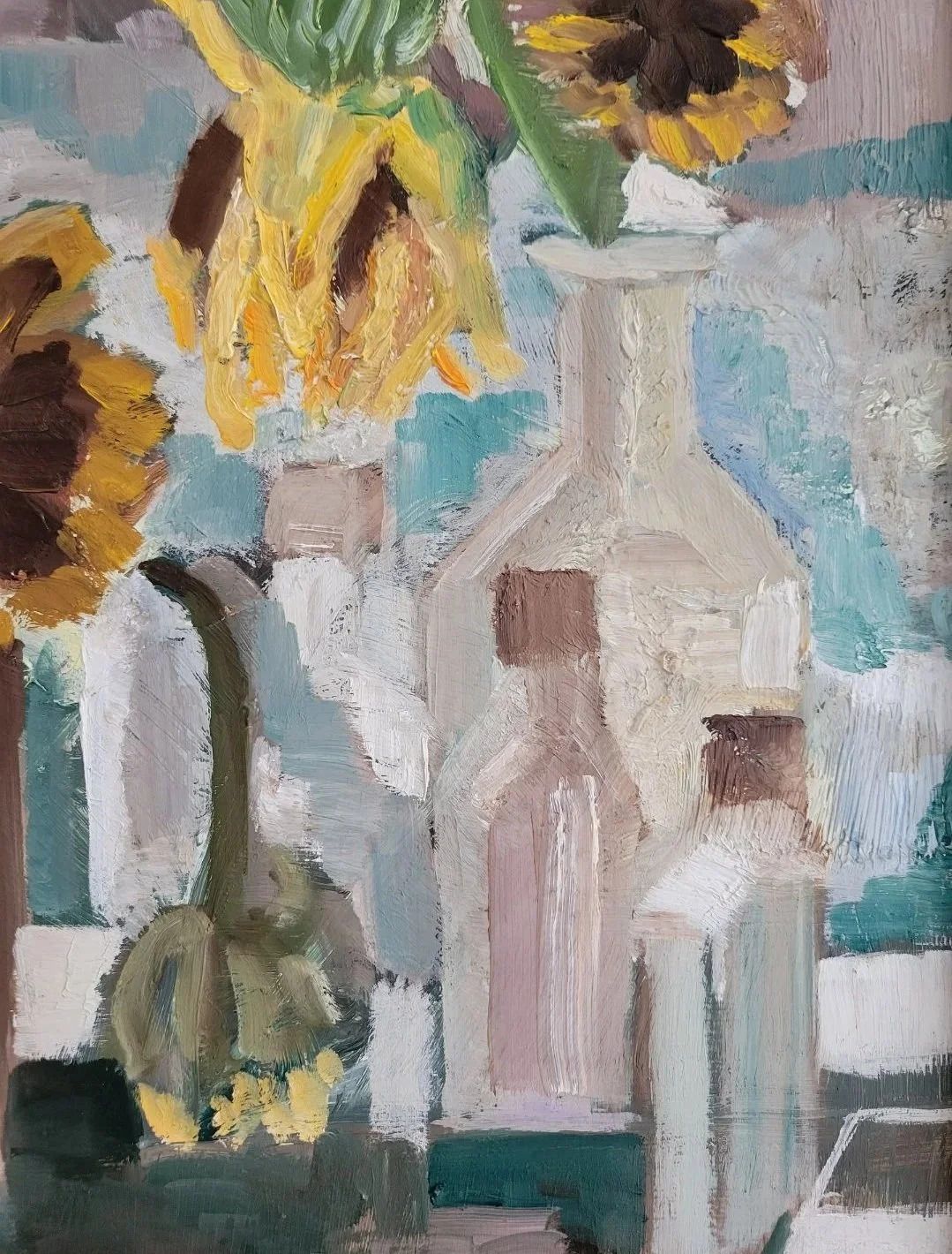 Original Framed Vintage Mid Century Swedish Expressionist Landscape Sunflowers And Glass Bottles photo vintage